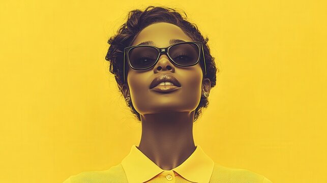 Bold and Vibrant Minimalistic Graphic Design Poster Featuring Funky Lady in Polo Shirt and Sunglasses on Yellow Background - Powered by Adobe