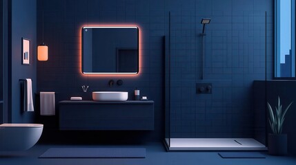 Isometric bathroom in a smart home, with smart mirror, automated faucets, and voiceactivated shower system