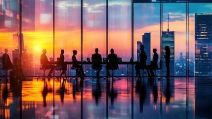 Business Team Meeting in a Modern Office at Sunset. Blurred silhouette of a business team having a meeting in a modern office with city skyline