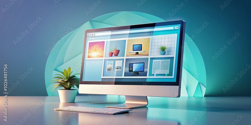 Fototapete a 3d vector illustration showcasing a computer display filled with contemporary webpage layouts, hig
