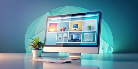 A 3D vector illustration showcasing a computer display filled with contemporary webpage layouts, highlighting innovative web design and development