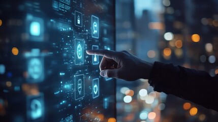 Businessman pointing at icons with digital interface overlay on blurred city background. Concept of business strategy and technology driven network.