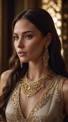 Elegant woman wearing intricate gold jewelry and embroidered gown in a regal, luxurious setting.
