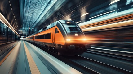 High-speed orange train traveling through a modern railway station with glass roof and motion blur effects.