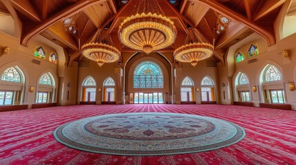 Obraz premium An empty mosque interior with ornate chandeliers, stained glass windows, and a red carpet.