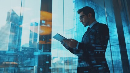 businessman using digital tablet in modern office. double exposure, business concept