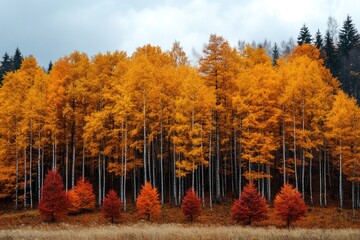 Golden Autumn Forest with Red Trees in the Foreground