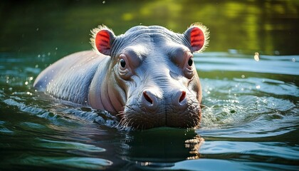 Fototapeta premium A very cute baby pygmy Hippopotamus swimming in river 