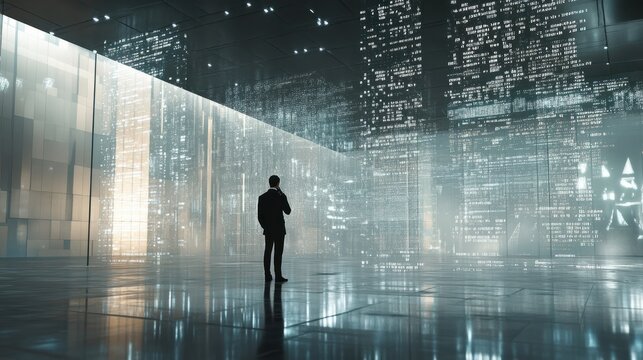 Businessman standing in an empty office speaking on the phone, with digital code overlaying glass walls. Represents solitude in a high-tech corporate setting.