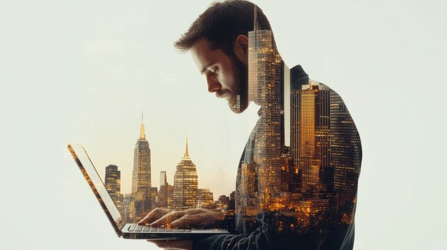 Businessman Using Laptop with business city Double Exposure on white background.