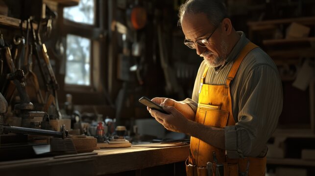 Carpenter man using mobile phone while working in a workshop.