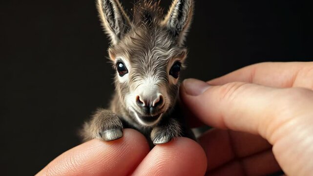 Adorable Baby Donkey Held Gently and Smiling in Human Hands