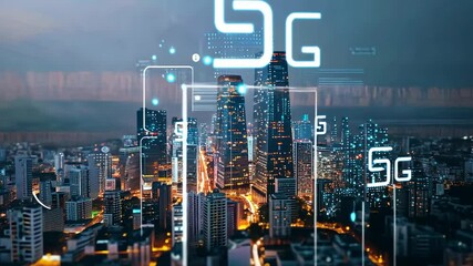 5G Network Infrastructure: Modern cityscape with 5G antennas and network symbols indicating high-speed connectivity - Powered by Adobe
