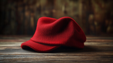 Red wool cap on rustic wooden surface