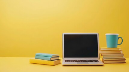 Fototapeta premium Laptop, books and a cup of coffee on yellow background with copy space.