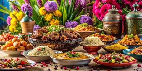 Fototapeta premium A breathtaking panoramic view of an Eid ul Adha feast, adorned with vibrant Arabic dishes and surrounded by beautiful blooming flowers, creates a
