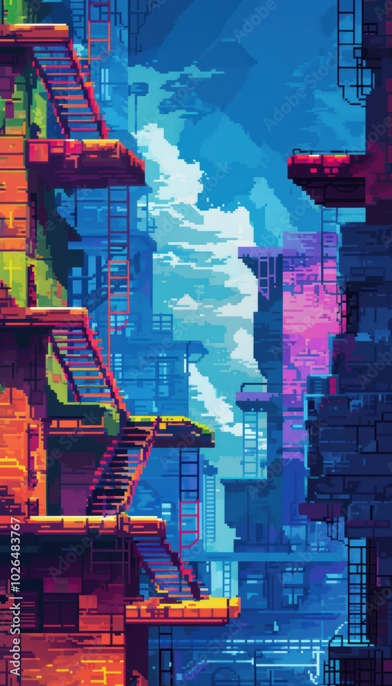 Wall mural retro arcade game pixelated background: bright platforms and ladders for gaming events