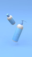 Elegant cosmetic bottles flying in the air on blue background. Modern cover design. 3d illustration.