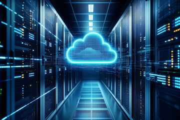 Eine Cloud Wolke schwebt in einem Serverraum, Cloud Computing für das Übertragung großer Datenmengen