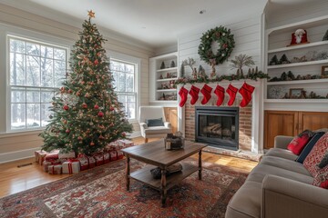 A cozy living room with a Christmas tree and a fireplace. The room is decorated with red and white accents, and there are several couches and chairs. The atmosphere is warm and inviting