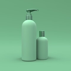Elegant cosmetic bottle closeup on green background. Modern cover design. 3d illustration.