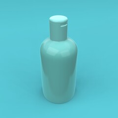 Elegant cosmetic bottle closeup on blue background. Modern cover design. 3d illustration.