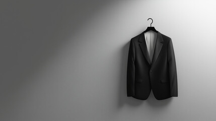 Black suit jacket on hanger against gray wall