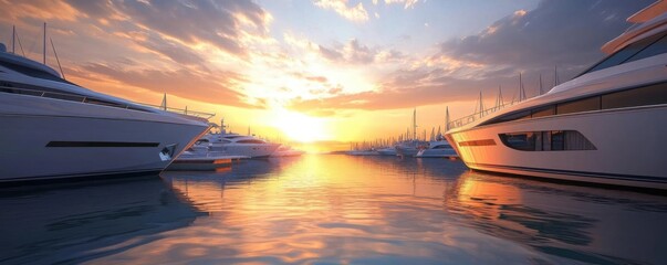 Marina view panoramic scene at sunset flat design front view boats and horizon 3D render vivid