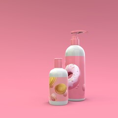 Elegant cosmetic bottles with label closeup on pink background. Modern cover design. 3d illustration.