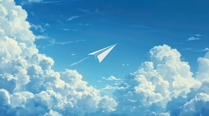 A white paper airplane soars through a bright blue sky with fluffy white clouds.