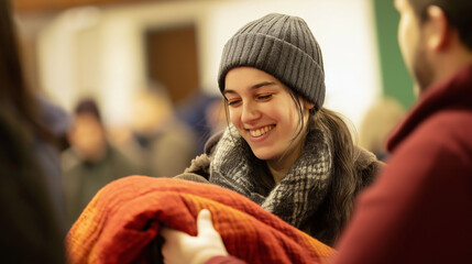 Smiling volunteer handing out blankets at charity event