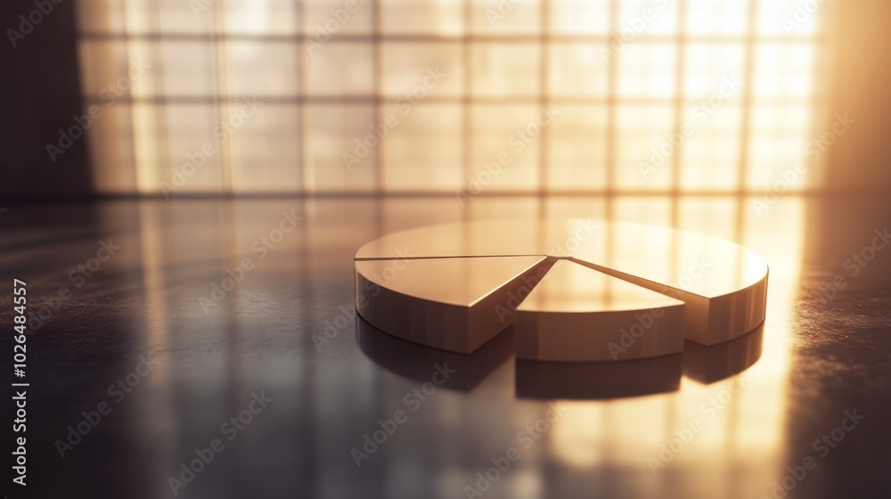 Poster golden pie chart on reflective surface with lighting