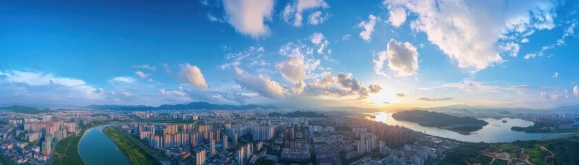 Fototapeta premium Panoramic drone shots flat design side view highaltitude shots animation vivid