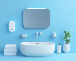 Isometric smart home bathroom, with smart mirror, automated faucets, and voiceactivated shower system