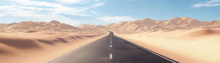 Panoramic roadway through desert dunes flat design top view open highway 3D render colored pastel