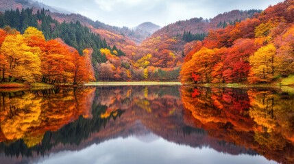 Naklejka premium Serene autumn landscape with vibrant orange foliage reflecting on a calm lake surrounded by majestic mountains.