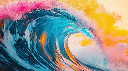 A large wave with a vibrant blue, orange, and pink color palette crashes in the ocean.