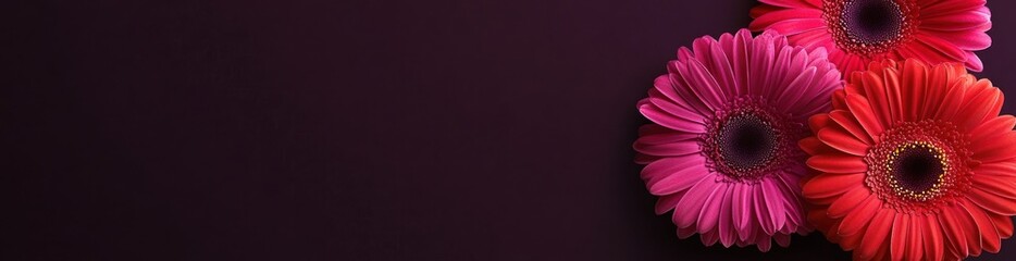A vibrant arrangement of pink and red flowers against a dark background.