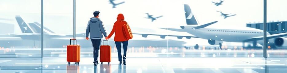 A couple at an airport, ready to travel with luggage, surrounded by airplanes.