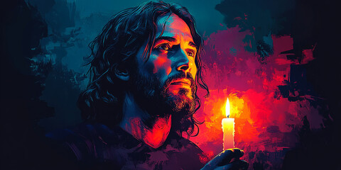 Jesus holds a candle of sacred fire.