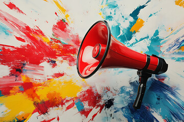 A red megaphone against a colorful abstract background, symbolizing communication and expression.