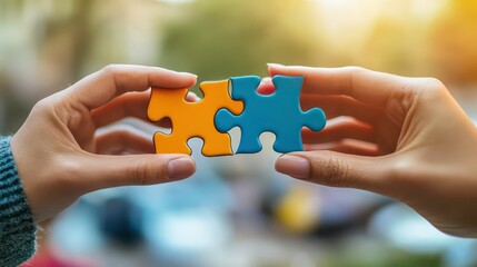 Two hands holding two puzzle pieces together, symbolizing connection, teamwork, and collaboration.