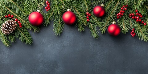 Red ornaments and pine sprigs on a dark background.