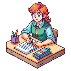 Pixel Art Young Woman Writing at Desk in Retro Style Vector Illustration