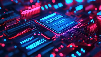 Obraz premium A close-up of a circuit board with glowing red and blue lights.