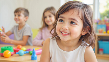 Fototapeta premium Happy young girl smiling with friends in a colorful classroom setting for children's learning
