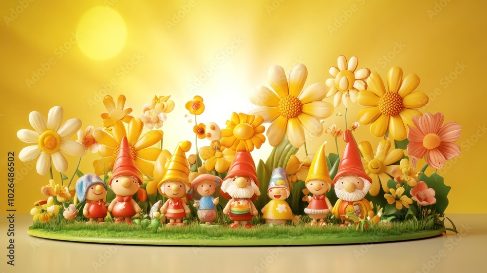 Canvas Prints A colorful display of cheerful gnomes and flowers against a bright yellow background.