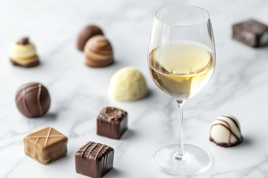 Glass of wine with assorted chocolates