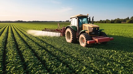 Fototapeta premium Tractor spraying pesticide on lush green crop field on a sunny day. Agricultural machinery working on farm for pest control and crop protection, with clear blue sky in background.