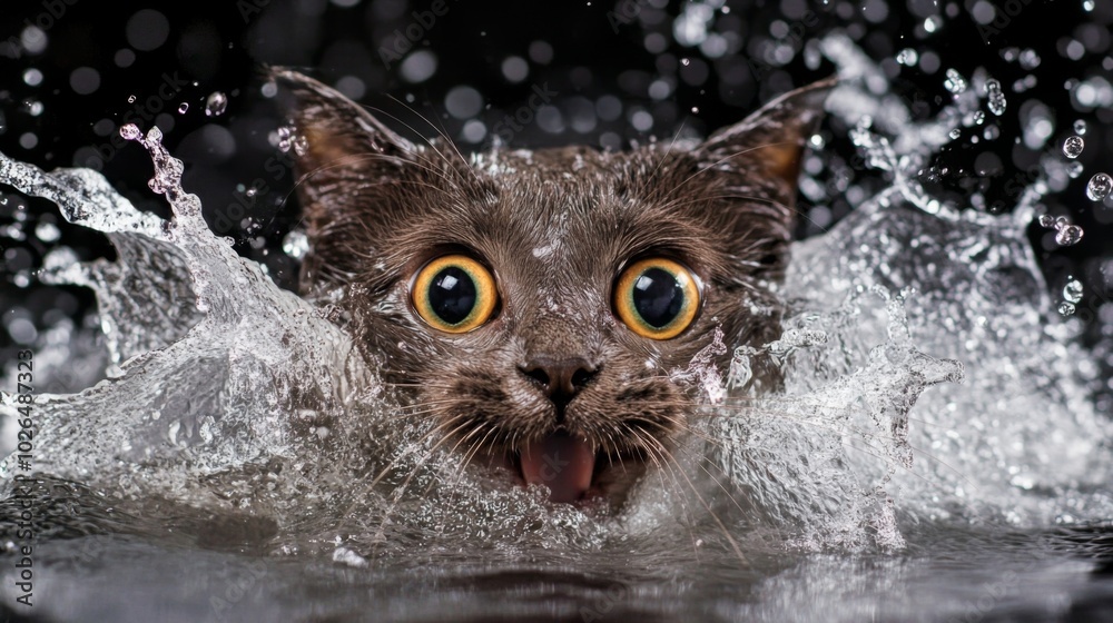 Poster cat splashing in water with surprised expression
